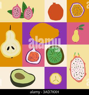 Poster, Flyer-Design mit hellen Farben mit Früchten, flaches Design. Sommer, Herbst, Ernte Stock Vektor