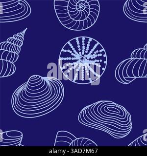 Nahtloses Muster mit isolierten Linienmuscheln, Skizze. Muster mit Skizzensilhouetten von Elementen am Meer Stock Vektor