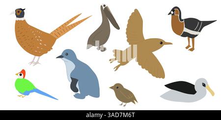 Vogelset. Vektor-Zeichentrickillustration in kindlicher Art. Verschiedene Vögel. Bilder werden auf weiß isoliert. Stock Vektor