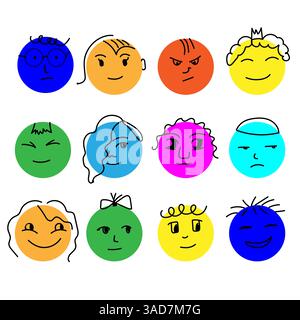 Set von Cartoon Charakter Gesicht Kreis Avatar. Lustige Gesichter von Leuten, verschiedene Profilsymbole. Social-Media-Reaktionsticker, Kinderporträtzeichnung. Stock Vektor