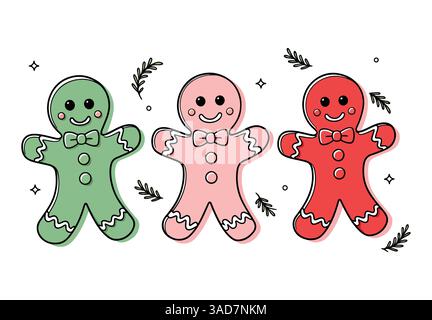 Weihnachtssymbole für Lebkuchenmänner. Weihnachtssymbole im flachen Design mit farbenfrohen Illustrationen im Cartoon-Stil. Perfekt für festliche Feierlichkeiten im dezember Stock Vektor