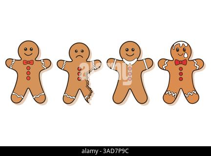 Ein Set Lebkuchenkekse, ganz und gebissen. Weihnachtssymbole im süßen Clipart-Stil. Perfekt für festliche Designs. Vektorillustratio Stock Vektor