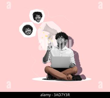 Content Manager mit Laptop, der auf seine Gesichter zeigt, mit verschiedenen Emotionen auf rosafarbenem Hintergrund, kreative Collage Stockfoto