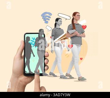 Content-Manager. Kreative Collage mit Frau, die aus dem Handy geht, auf beigefarbenem Hintergrund Stockfoto