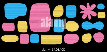 Papier-Collage-Set aus abstrakten Ausschnitten und Retro-Groovy-Figuren. Y2K-Vektor-Aufkleber mit floralen Rahmen, Textur und funky kindlichem Doodle Stock Vektor