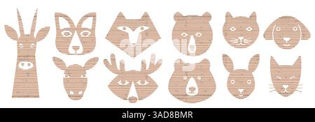 Tierpapiercollage mit niedlichen Ausschnitten und Scrapbooking-Elementen. Hunde-, Bären-, Katzen- und Kaninchenfiguren auf gestreiftem Papier mit Bastelformen und Sommer Stock Vektor