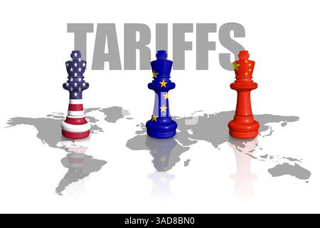 Schach aus USA, EU und China-Flaggen auf einer Weltkarte. China, Europa Union und Vereinigte Staaten von Amerika Handel, Zölle und Zölle Krieg Stockfoto