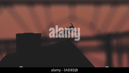 Die Silhouette der Hausfliege am Fensterrand während des Sonnenuntergangs, die lange Lichtstrahlen in Innenräumen ausstrahlt Stockfoto