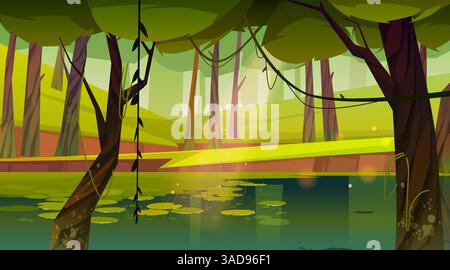 Tropischer Jungle River - üppiger grüner Wald mit Bäumen, Reben und Seerosen - Vektor-Illustration Stock Vektor