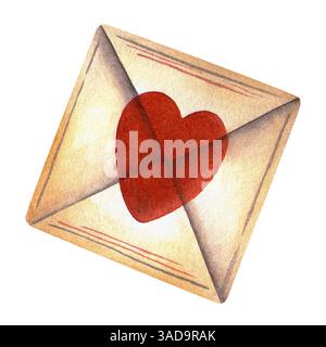 Love Letter im Vintage-Stil. Quadratischer Retro-Valentinstag-Umschlag mit rotem Herz. Handgezeichnete Aquarellillustration für Liebesnotizen, Hochzeit Stockfoto