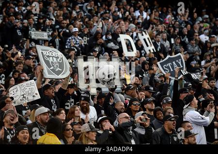 3. Januar 2012 - Oakland, KALIFORNIEN, USA - die Fans der Oakland Raiders in The Black Hole feiern das Spiel des Teams gegen die Carolina Panthers während der Action im vierten Quartal am Sonntag, den 27. November 2016, im Oakland-Alameda County Coliseum in Oakland, Kalifornien Die Raiders besiegten die Panthers von 35 bis 32. (Bild: © Jeff SINER/TNS via ZUMA Wire) Stockfoto