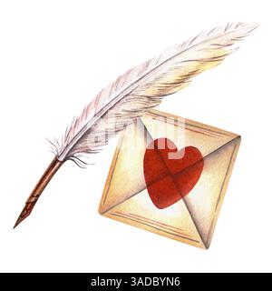 Love Letter mit Dip Pen. Aquarellillustration im Vintage-Stil mit Valentinskarte und antiker Feder. Perfekt zum Schreiben, Liebesbriefe und Vintage Stockfoto