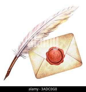 Vintage-Brief mit Federstift mit Wachsversiegelung. Elegante Aquarell-handgezeichnete Illustration von Retro-versiegeltem Umschlag und Schreibfeder. Ideal für die Liebe Stockfoto