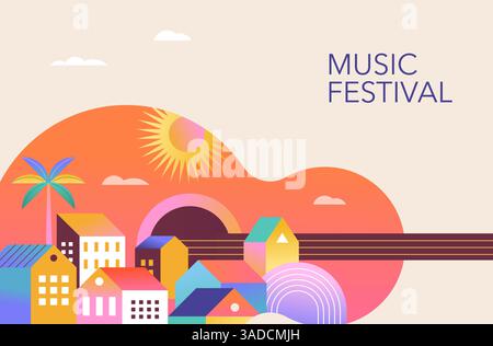 Bunte geometrische Vorlage für Sommermusik, Poster, Banner. Lustiges Sommerkonzept mit Gitarre und Stadtleben. Vektor Stock Vektor