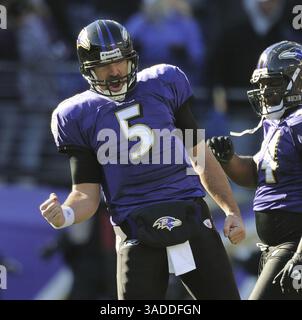 15. Januar 2012 - Baltimore, MD, USA - Joe Flacco von Baltimore Ravens feiert seinen Touchdwon-Pass an Anquan Boldin gegen die Houston Texans während des ersten Viertels ihres AFC-Divisions-Playoffs im M&T Bank Stadium in Baltimore, Maryland, Sonntag, den 15. Januar 2012. Die Ravens haben mit 20:13. (Bild: © Gene Sweeney Jr/Baltimore Sun/MCT/ZUMAPRESS.com) Stockfoto