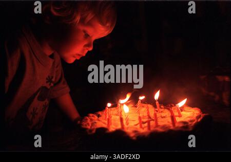 Juli 2005; Alameda, CA, USA [Datum unbekannt]; ein Zweijähriger bläst die Kerzen auf der Geburtstagskuche seines Onkels aus. (Bild: Saul Bromberger/ZUMAPRESS.com) Stockfoto