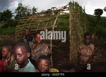 April 2006; Komanda, Ituri, DRK; Kinder in einer Siedlung außerhalb von Komanda. Sie stehen vor einem kürzlich erbauten, provisorischen Haus für eine Familie von 5 IDP Später wird es mit Schlamm zur Isolierung garniert. (Kreditbild: WIR/ZUMAPRESS.com) Stockfoto