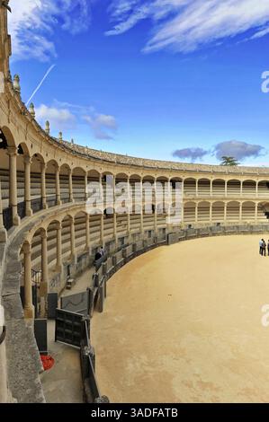 Stierkampfarena von Ronda, Plaza de Toros, Seitenansicht einer Stierkampfarena mit Sandboden und Bögen unter sonnigem Himmel, Ronda, Provinz Malaga, Andalusien, Spanien Stockfoto