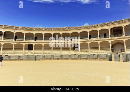 Stierkampfarena von Ronda, Plaza de Toros, zentraler Blick auf eine Stierkampfarena mit Bögen und blauem Himmel, Ronda, Provinz Malaga, Andalusien, Spanien, Europa Stockfoto