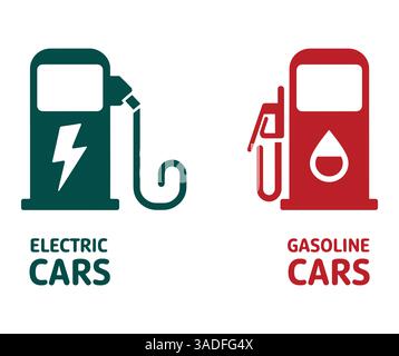Symbole für Elektrofahrzeuge und Benzinfahrzeuge. Flache Vektorgrafik zum Vergleich sauberer elektrischer Energie mit herkömmlichem Benzinkraftstoff. Modernes Design repräsentiert die Stock Vektor