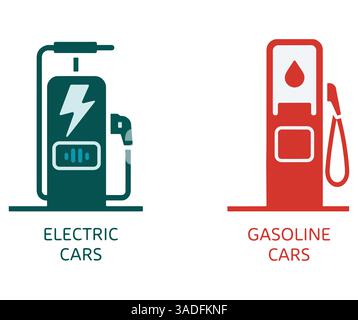 Symbole für Elektrofahrzeuge und Benzinfahrzeuge. Flache Vektorgrafik, die saubere Energie im Vergleich zu fossilen Brennstoffen zeigt. Modernes Design, das die Zukunft des Verkehrs symbolisiert. Stock Vektor