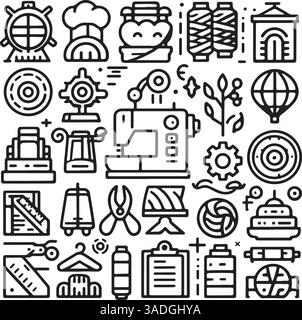 Textil Industry Stroke Icon Kollektion – Bearbeitbares Outline Design Stock Vektor