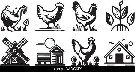 Vektor Monochrom Line Art Symbolsatz für Landwirtschaft Stock Vektor