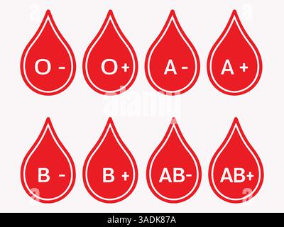 Eine Reihe von Symbolen für Blutspenden mit roten Tröpfchen. Symbole, die Blutspende, Gesundheit und medizinische Themen symbolisieren, ideal für Gesundheitswesen und c Stock Vektor