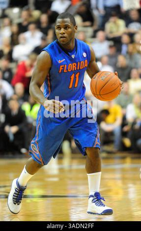 28. Februar 2012: Nashville, Tennessee, Vereinigte Staaten von Amerika – der Garde der Florida Gators Erving Walker (11) bringt den Ball gegen die Vanderbilt Commodores während der NCAA-Aktion in der 1. Halbzeit im Memorial Gymnasium in Nashville, TN. Vanderbilt gewann das Spiel 77:67. (Bild: © Mike Strasinger/Southcreek/ZUMAPRESS.com) Stockfoto