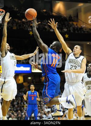 28. Februar 2012 - Nashville, Tennessee, Vereinigte Staaten von Amerika - Florida Gators Guard Erving Walker (11) schießt an den Vanderbilt Commodores Guard Kedren Johnson (2) und Commodores Guard John Jenkins (23) während der NCAA-Aktion in der 1. Halbzeit im Memorial Gymnasium in Nashville, TN. Vanderbilt gewann das Spiel 77:67. (Bild: © Mike Strasinger/Southcreek/ZUMAPRESS.com) Stockfoto