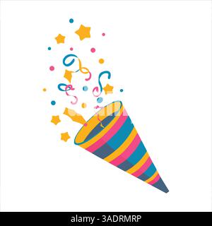 Vektor-Illustration eines explodierenden Partypoppers mit Konfetti. Ein helles und lustiges Zeichentrickdesign, das perfekt für Geburtstagsfeiern geeignet ist. Stock Vektor