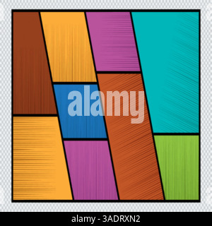 Comic-Buch-Seitenvorlage festgelegt. Farbenfrohe Pop-Art-Rahmen im Retro-Stil mit Actionlinien und Punkteeffekten für Superhelden Stock Vektor