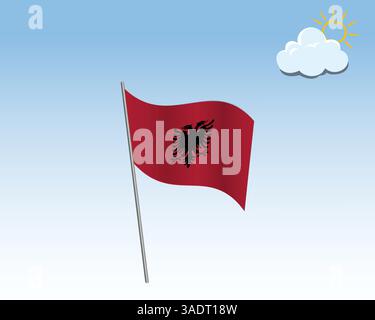 Nationale Vektorflagge Albaniens. Die Flagge winkt im Wind gegen einen blauen Himmel Stock Vektor