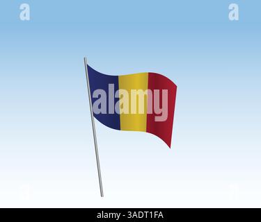 Vektorrealistische Darstellung von Tschad-Flaggen. Die Flagge winkt im Wind gegen einen blauen Himmel Stock Vektor