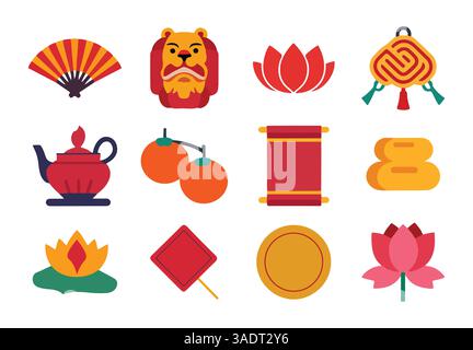 Vektorsatz der Dekorationselemente des Mondneujahrs. Isolierte chinesische Neujahrssymbole, perfekt für festliche Designs und Feiern. Stock Vektor