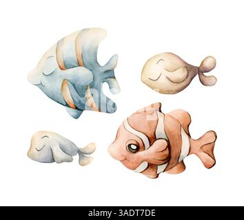 Niedliches Fischset. Meerestiere. Meeresbewohner. Entzückender Clownfisch und Engelfisch. Handgemalte Aquarellillustration isoliert auf weißer Rückseite Stockfoto