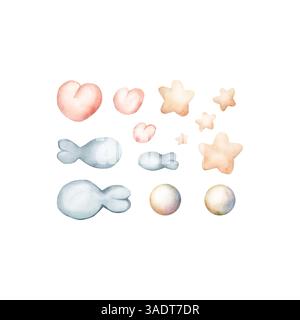 Niedliche Kleinigkeiten. Set aus Pastell-Fisch, Stern, Herz und Perle. Aquarell handgemalte Illustration isoliert auf weißem Hintergrund Kinder Kindergarten Wal Stockfoto