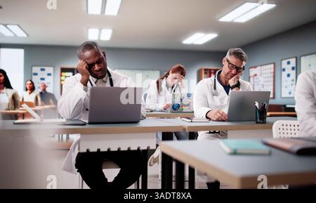 Multirassische Medizinstudenten Kämpfen, Während Der Langweiligen Vorlesung Wach Zu Bleiben. Stockfoto