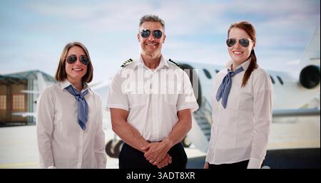 In-Flight Service Team: Pilot, Stewardess, Crew Bereitet Privatjet Vor Stockfoto