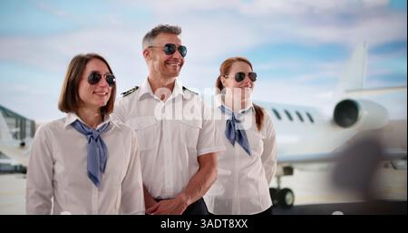 Busy Airport Terminal: Besatzung In Uniform Bereitet Sich Auf Den Privatflug Vor. Stockfoto