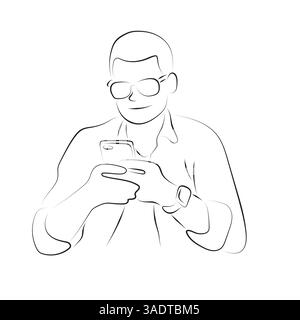 Mann mit kurzem Haar mit Brille mit Smartphone-Illustration Vektor Hand gezeichnet mit schwarzen Linien isoliert auf weißem Hintergrund. Stock Vektor