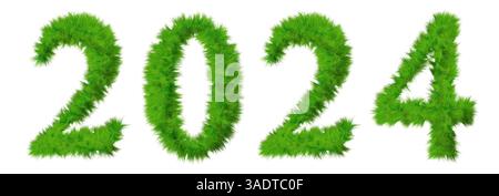 Konzept Konzept 2024 Jahre aus grünem Sommer Rasen Grassymbol isoliert auf weißem Hintergrund. 3D-Illustration als Metapher für die Zukunft, die Natur Stockfoto