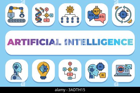 Textkonzept künstlicher Intelligenz. Shablon für Präsentationen und Infografiken. Minimale bereinigte Symbole für Apps und Websites. Stock Vektor