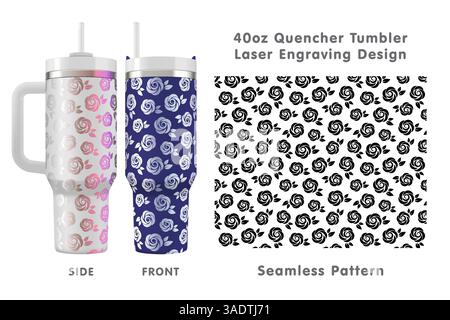 Nahtlose Lasergravur für 40-ml-Becher. Rosen-Kachelmuster. Volle Becherfolie. Vektorabbildung. Stock Vektor
