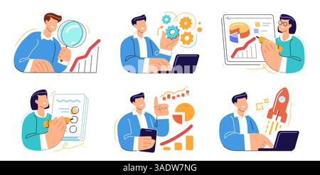 Business-Workflow. Büroarbeit, Finanzanalysekonzept. Flache Design Set Vektorillustration Stock Vektor