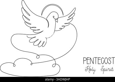 Fliegende Taube in Wolken. Eine Durchgehende Leitung. Taubenvogel Symbol des Friedens und der Freiheit, Pfingsten. Einfache Lineare Zeichnung. Vektorabbildung. Handgezeichnet Stock Vektor