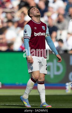 Jarrod Bowen (20) von West Ham United zeigt seine Frustration während des Spiels West Ham United FC gegen AFC Bournemouth English Premier League am 5. April 2025 im London Stadium, London, England, Vereinigtes Königreich Credit: Ian Stephen/Every Second Media Credit: Every Second Media/Alamy Live News Stockfoto