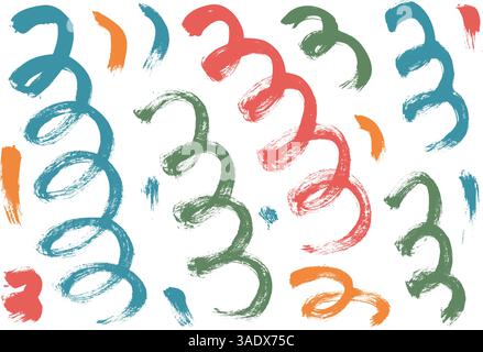 Verspielte Pinselstriche verrenkeln Linien. Handgezeichnetes Kinderkonfetti. Lineare Farbkritzelelemente isoliert auf weißem Hintergrund. Doodle Party spir Stock Vektor