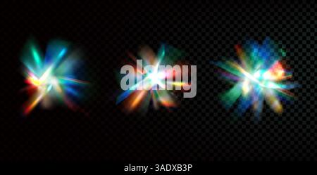 Flare Glow-Effekt mit diamantschillerndem Glasschein. Kristallprisma funkelt Set. Abstrakter Blendmagiestrahl. Funkenfackeln Prismen. Spektrumburst Stock Vektor