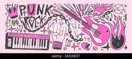 Rockmusik Girly Buntstift gezeichnet Set. Punk Festival Doodle Hintergrund. Scribble Grunge Musik Konzert Flyer Elemente. Gitarre, elektronische Piano-Hörner, Krähe Stock Vektor
